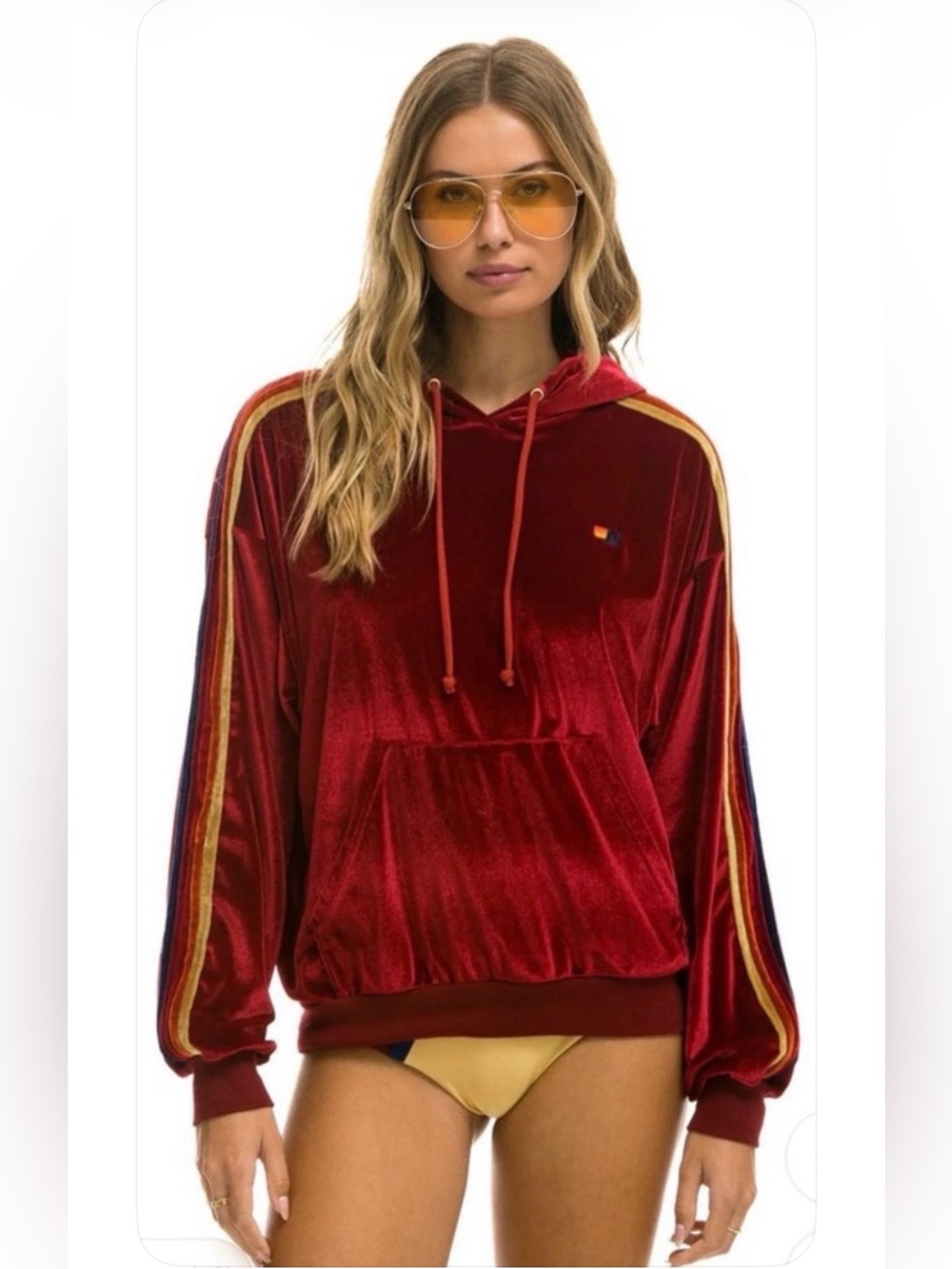Aviator Nation Relaxed Velvet Red Hoodie with 5  Stripe Sleeves EUC Large